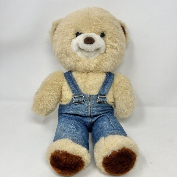 Vintage 1987 Fairview Teddy Bears Denim Overalls Tan Stuffed Animal 14" Tall - Picture 1 of 6